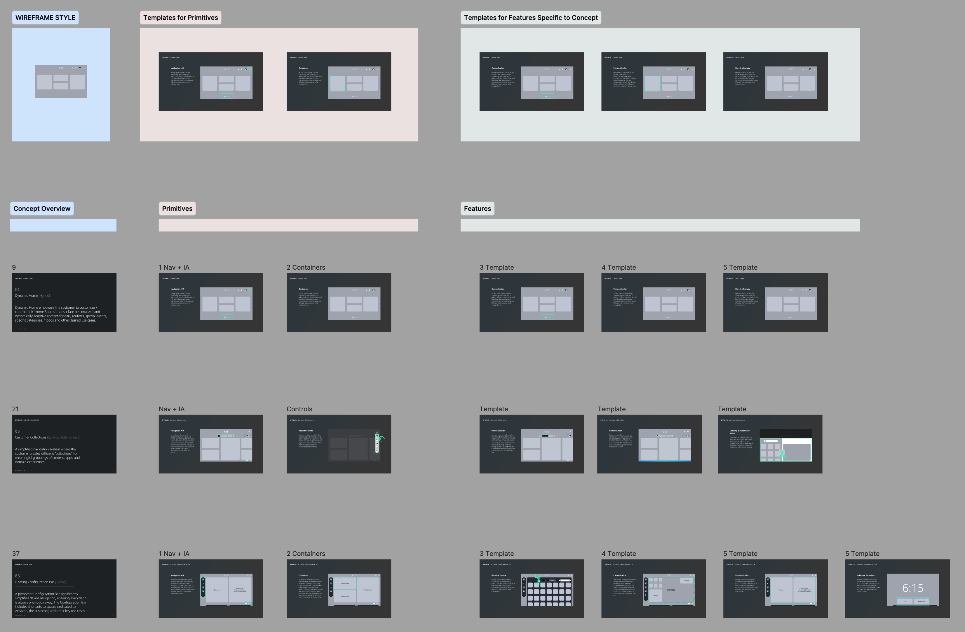 Alexa+ concept system overview with wireframe primitives and feature templates