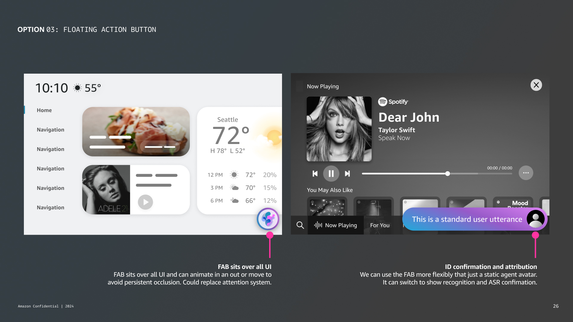 Alexa+ Option 03: Floating Action Button concept with annotations