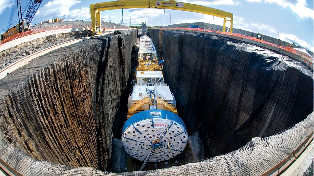 Robbins Crossover XRE machine staged in excavation pit, aerial fisheye view