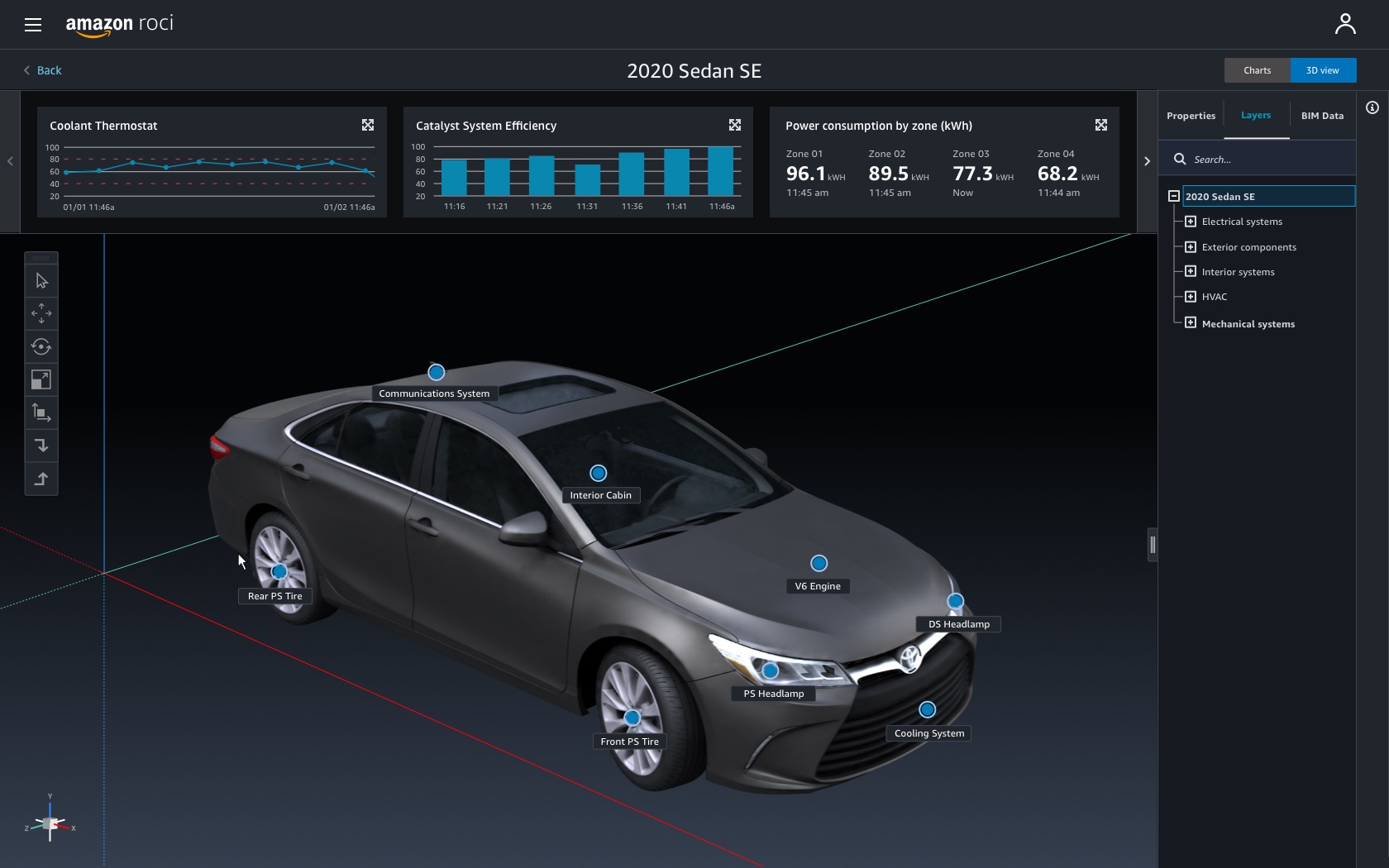 Auto app: 3D overview with component labels on