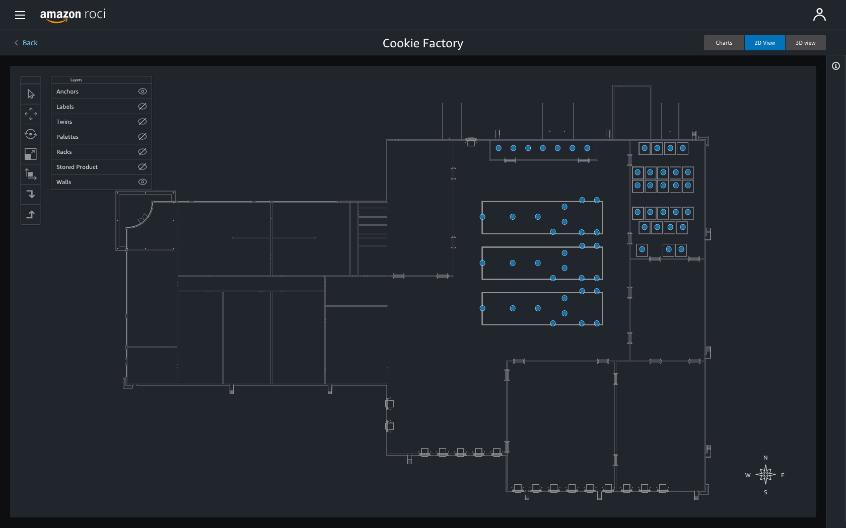 Cookie Factory app: 2D top-down view of the facility