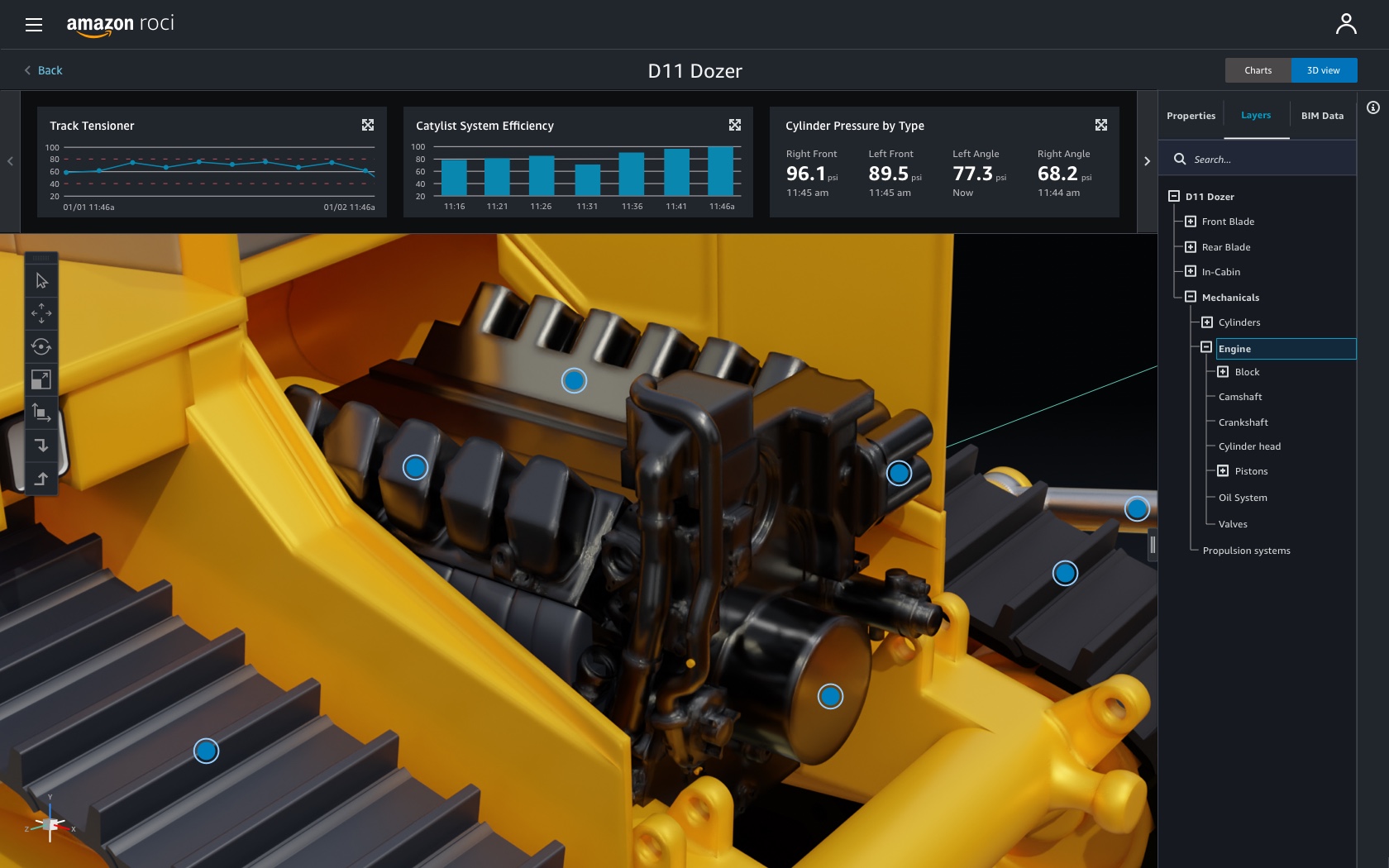 Dozer app: 3D zoom to engine