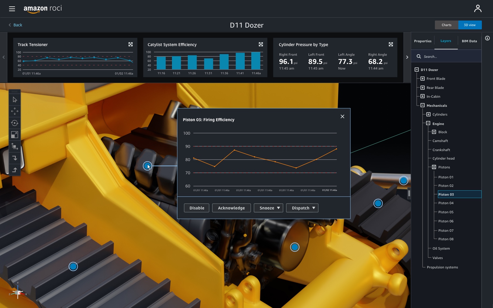 Dozer app: 3D hotspot selection with data view